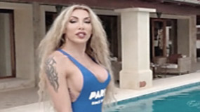 tranny Paradis masturbating solid dick by the pool